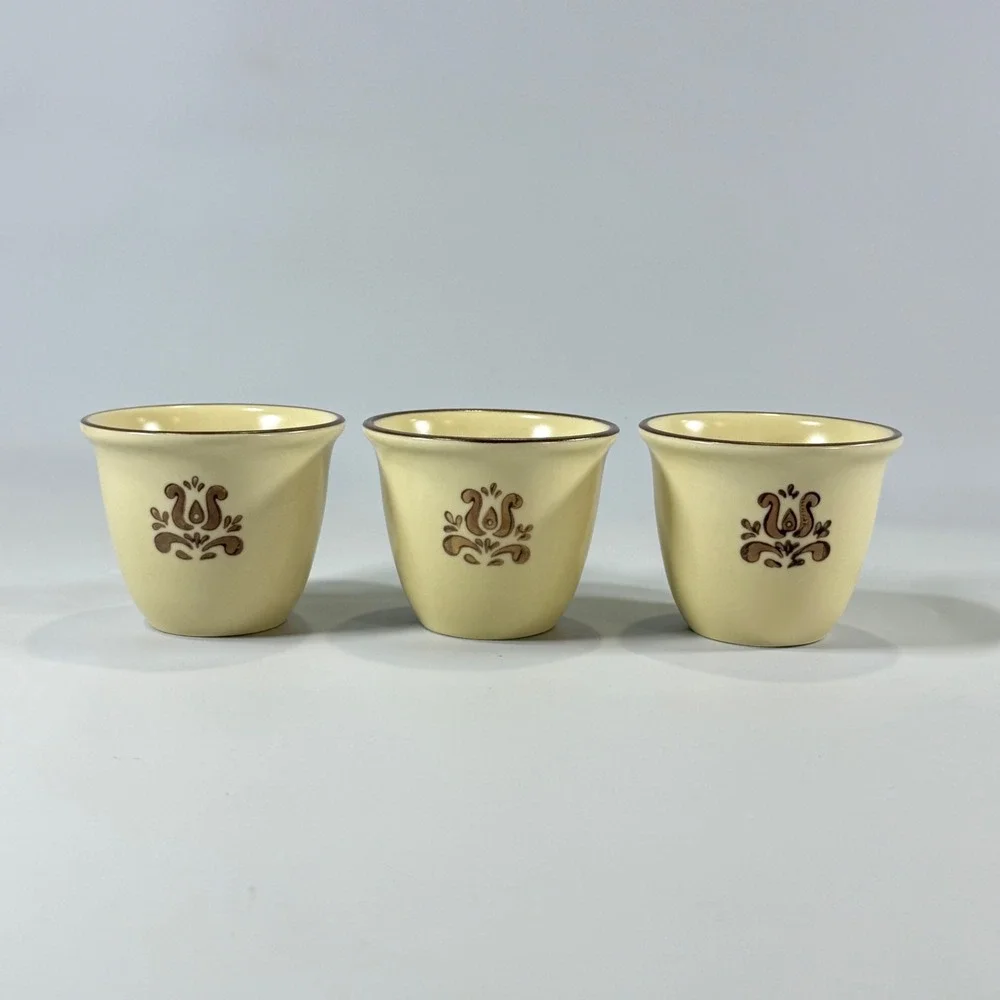 VTG Pfaltzgraff Village Custard Cup Set 3 Cream Brown Floral Farmhouse Stoneware